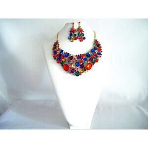 Multi color flower rhinestone necklace wedding MOB prom party evening necklace